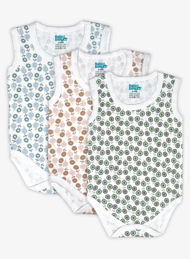 Babies Basic Pack of 3 - Super Combed Cotton Sleeveless Printed Bodysuit - Image 1